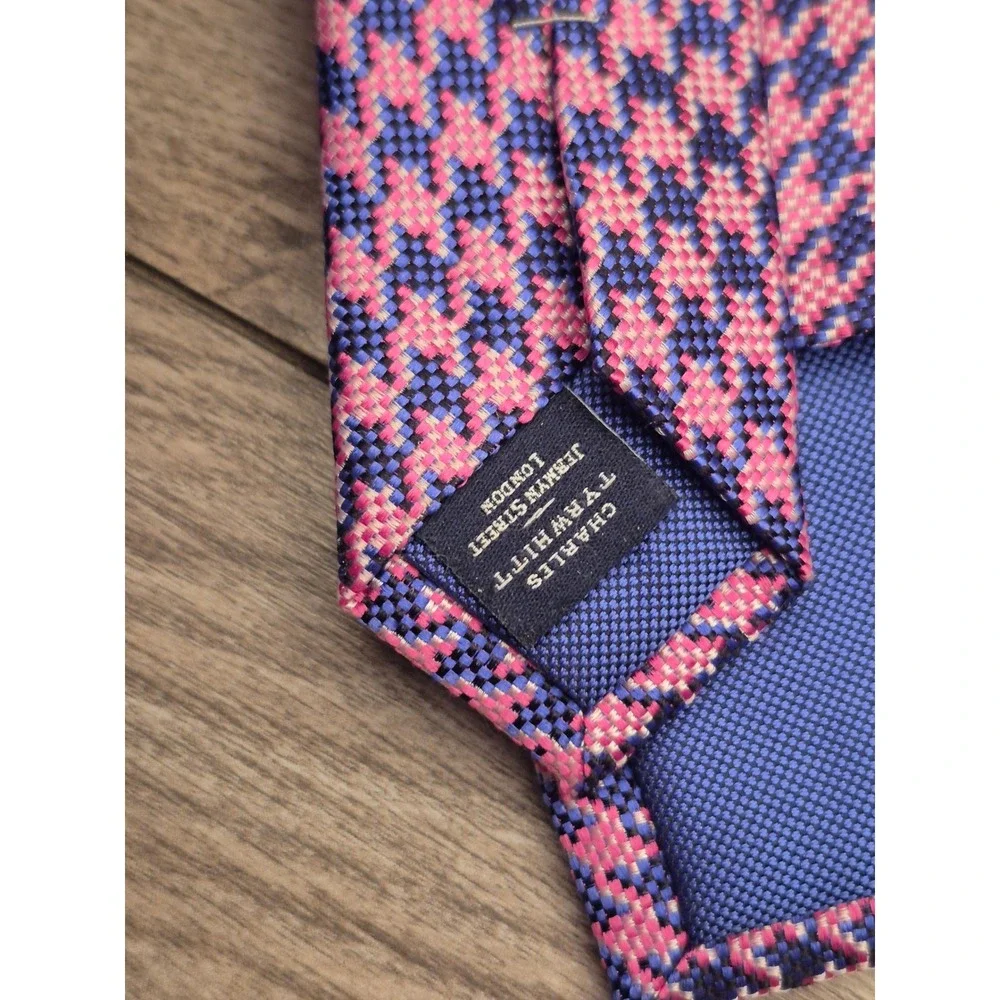 Charles Tyrwhitt Mens Metallic Pink Purple Blue Silk Houndstooth Neck Tie London